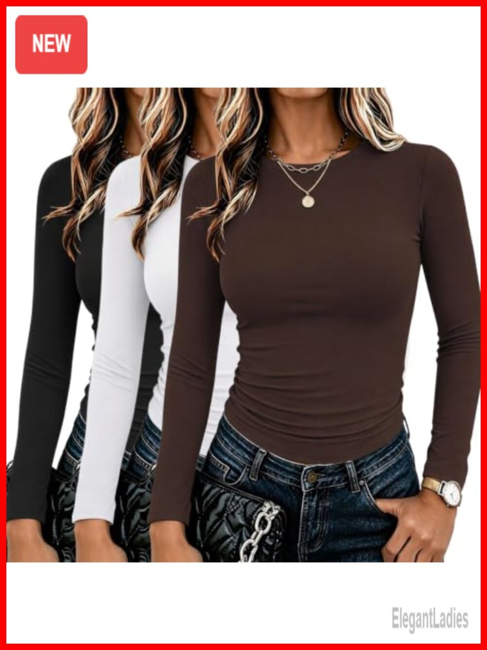 3 Pack Long Sleeve Fitted Crew Neck Tee Polyester Spandex Basic Tops
